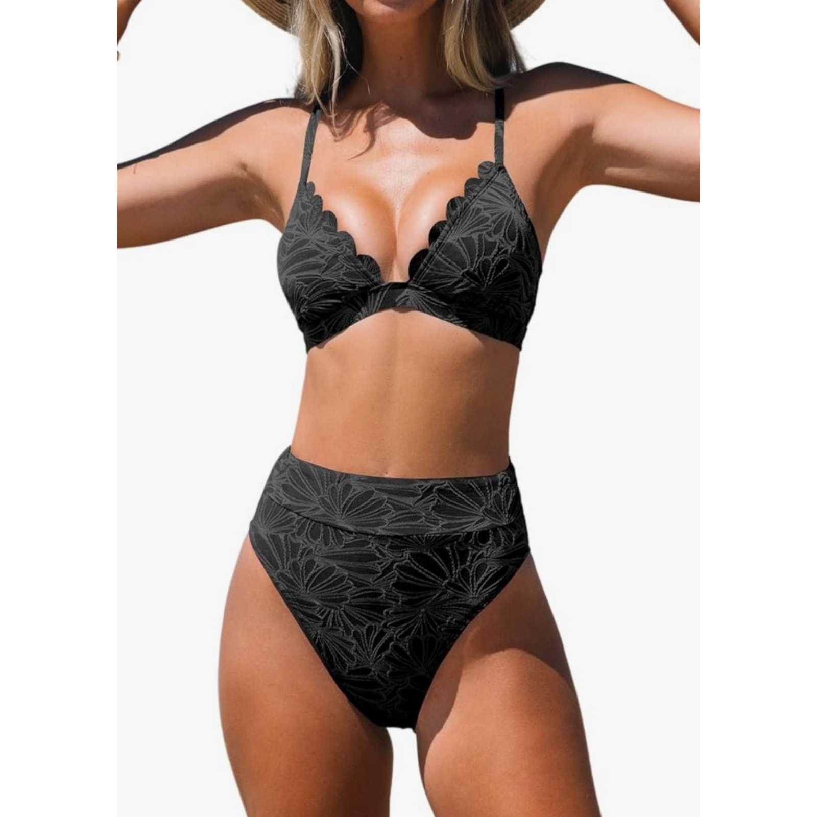 47 Msrp $43 Nwt Cupshe Black Floral Scalloped Bikini Set Size S